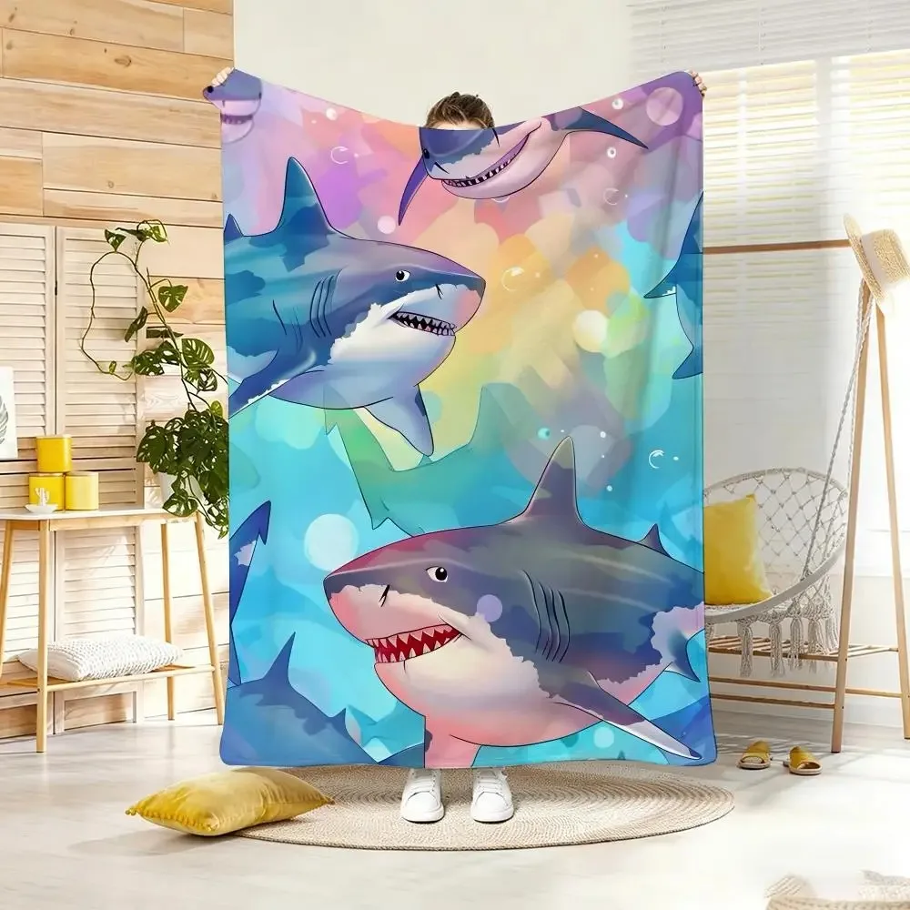 Pastel Healing Design Cute shark Throw Lightweight  Flannel Blanket Soft Skin-friendly for Summer Cooling