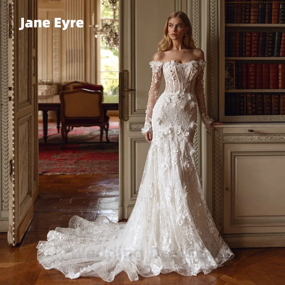 

Elegant White Mermaid 3D Decal Bead Women's Wedding Dress 2026 Sexy Off Shoulder Long Sleeved Beach Dance Bridal Gown Customized