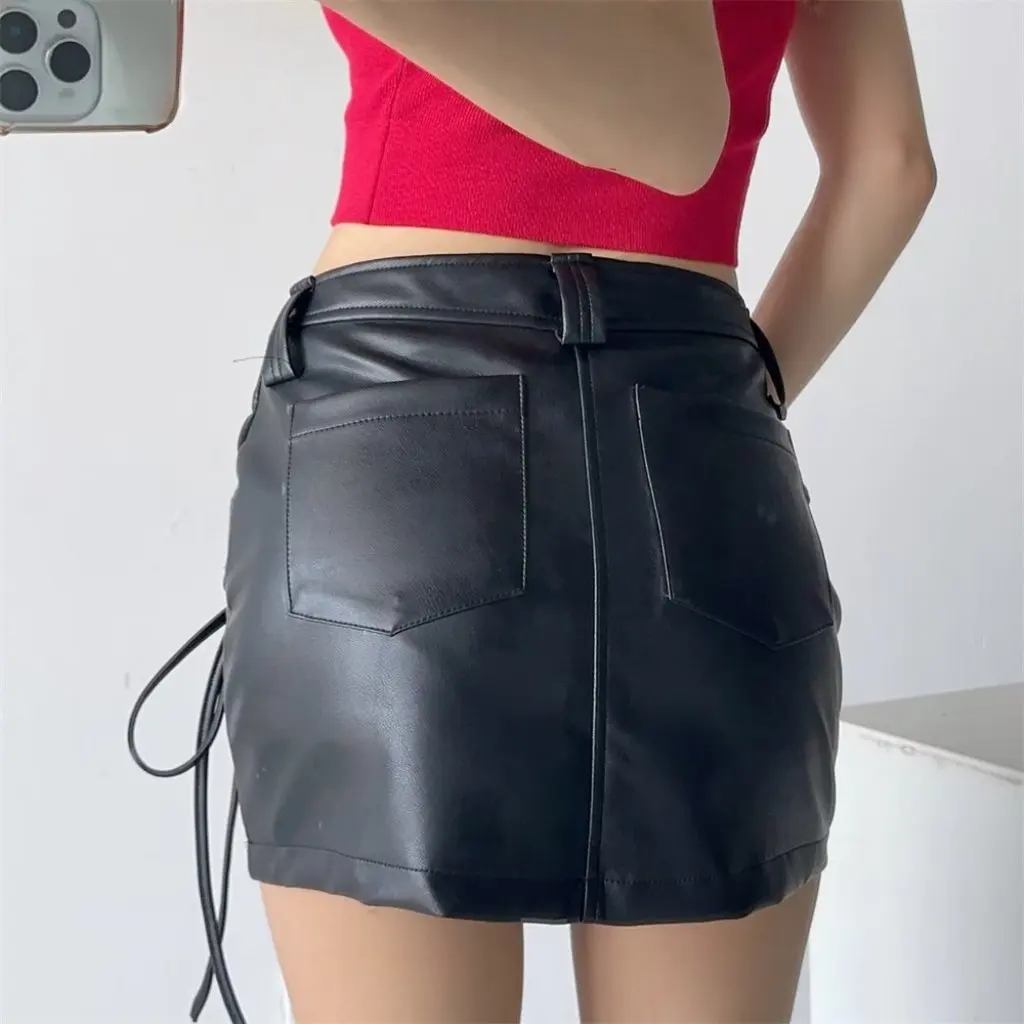 

YPFF High Waist Black PU Leather Skirt for Women Sexy Slim-fit Sheath Lace-Up Design Trendy Hot Girl Summer Anti-Exposure