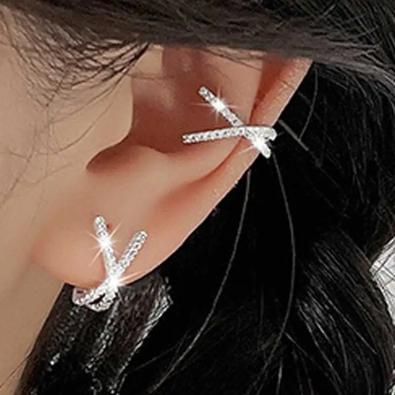 1PC Fashion Exquisite Rhinestone Crystal Cross Ear Cuff No Ear Hole Clip on Earring for Woman 2023 Trend Jewelry Christmas Gift