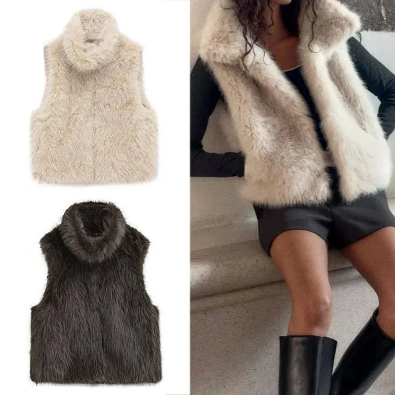 Women Faux Fur High Collar Zipper Vest Sleeveless Solid Color Warm Furry Waistcoat Autumn Winter Street Outerwear Waistcoat