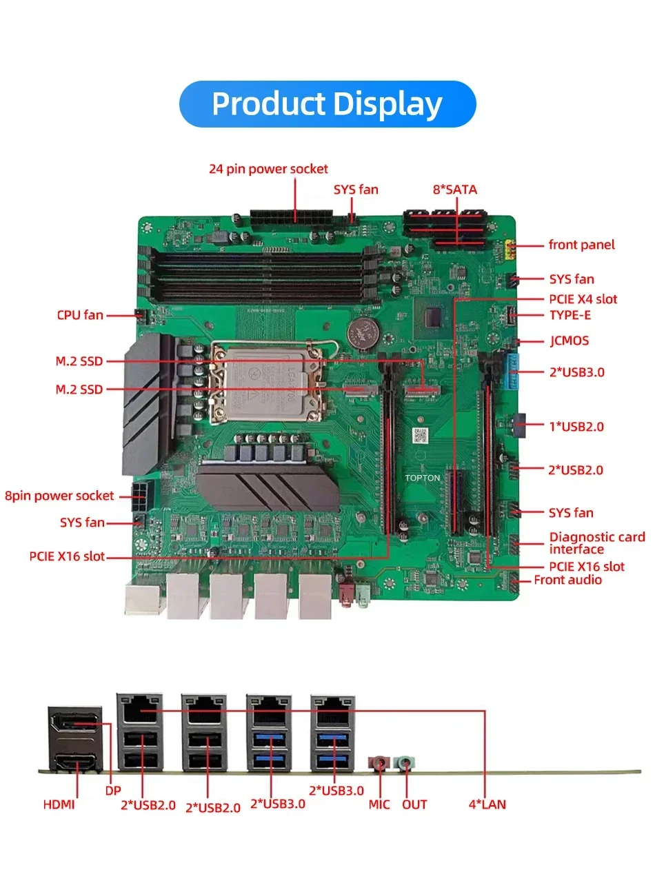 Topton 8-Bay NAS M-ATX Motherboard Z690 LGA1700 12-14th Gen  CPU 4xDDR4 8xSATA 4xNVMe 4x2.5G LAN 3xPCIE Firewall Server Boa