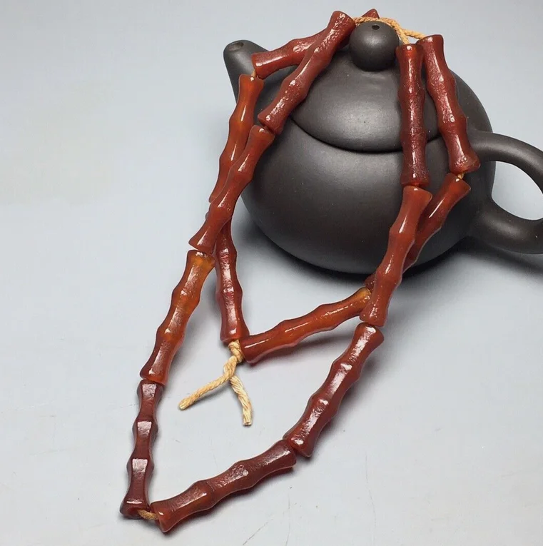 Tibetan Natural Silk Patina Old Agate Dzi * Bamboo Nodes* Beads Necklace M3253