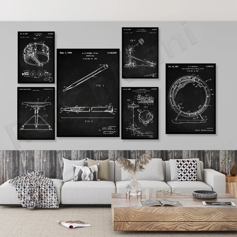 Drum patent art prints, drummer art, cymbals, drum patents, snare drums, percussion instruments, music room decoration posters