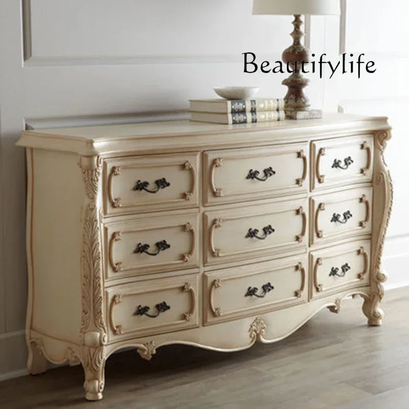 

N French Retro Wood Carved Shaped Sideboard Cabinet American Country Luxury Living Room Storage Chest of Drawers
