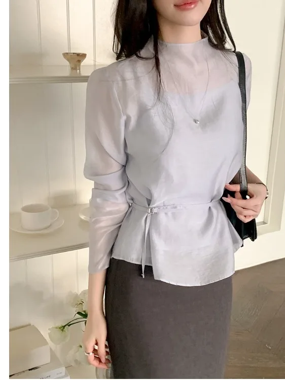 Korean Style Romantic Half High Collar Micro Transparent Waist Belted Shirt Women Elegant Top Strap Vest Two Piece Set Trendy