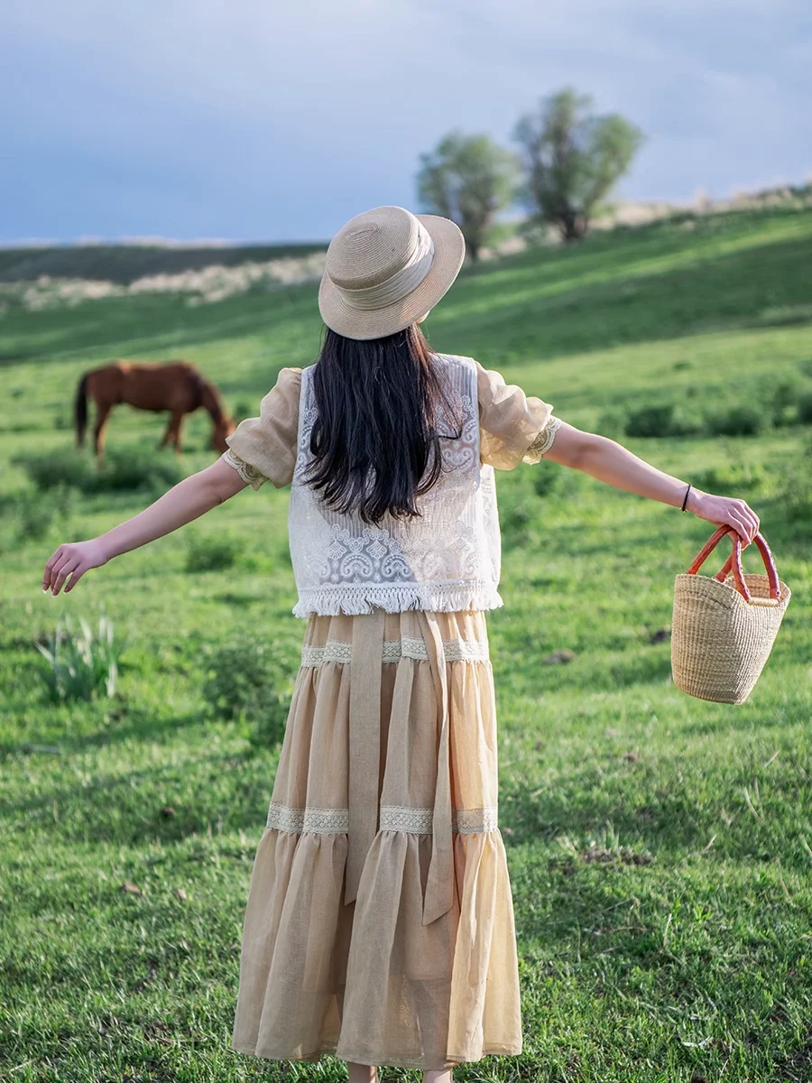 TIYIHAILEY Vintage Spring Linen Women Long Maxi Short Puff Sleeve Lace Patchwork Bandage Turn Collar Dress On Sale Ladies