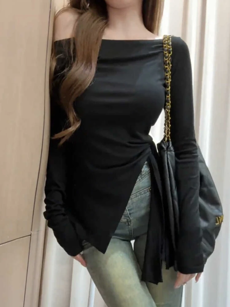 Chic Banded Waist Long Sleeve One Shoulder T-Shirt Elegant Sweet And Spicy Style plus Size Women's Fashion Commute Style