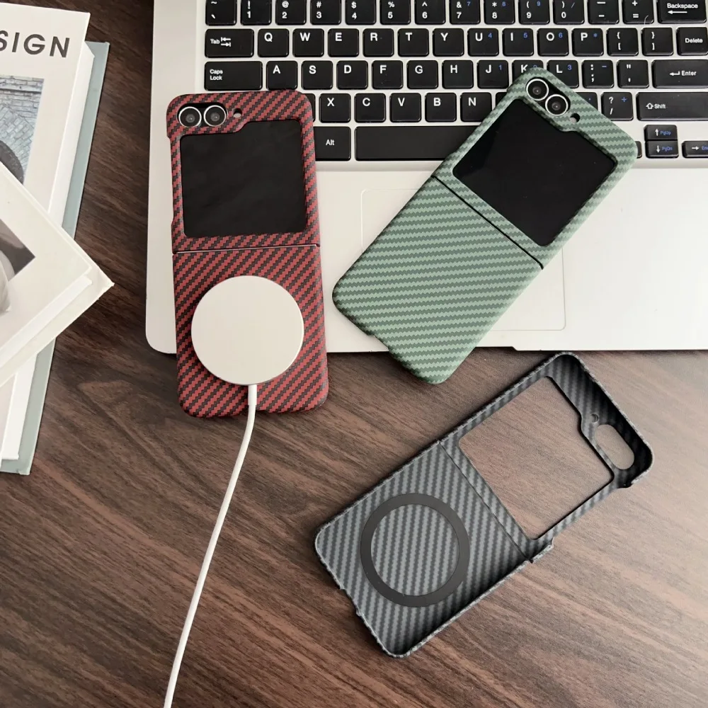 Für Magsafe Carbon Fiber Leder Telefon Fall für Samsung Galaxy Z Flip 7 FE 6 5 4 3, stoßfest Magnetische Drahtlose Lade Abdeckung