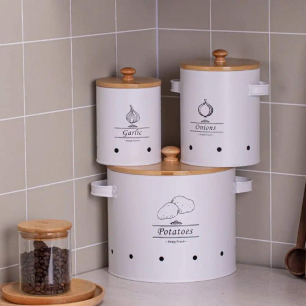 Carbon Steel Potato Onion Garlic Storage Jar with Lid Cylindrical Garlic Storage Bin White Ventilation Holes view 2