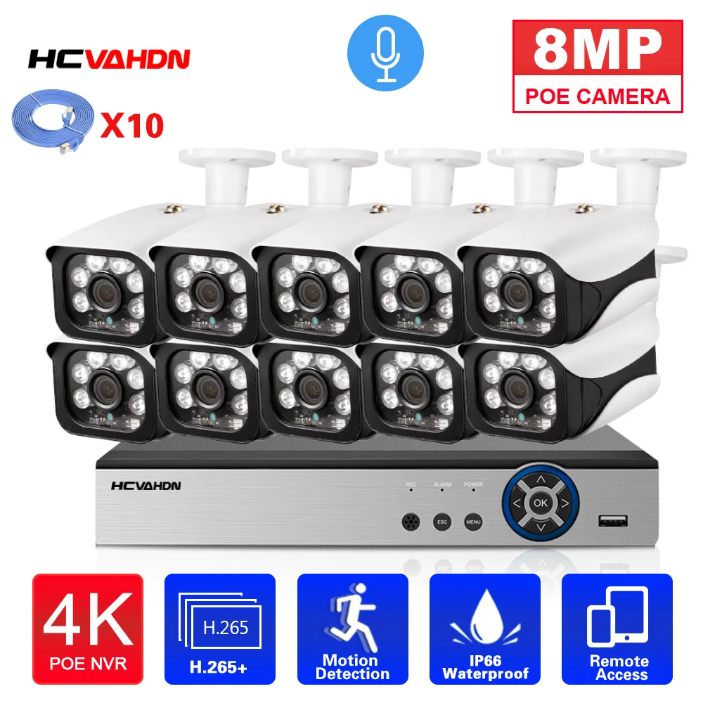 

4K Ultra HD Surveillance Camera System 8MP H.265 POE NVR Kit 8CH Outdoor Weatherproof IP CCTV Camera Security System Kit 10CH