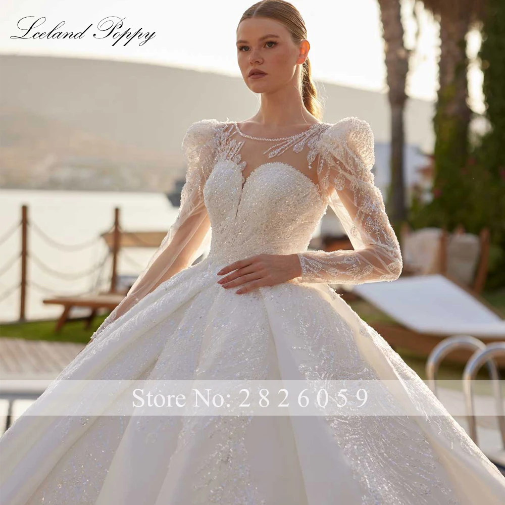أيسلندا الخشخاش مخصص الكرة بثوب فساتين الزفاف الأكمام منتفخة مطرز الرباط أثواب الزفاف مع قطار مصلى
