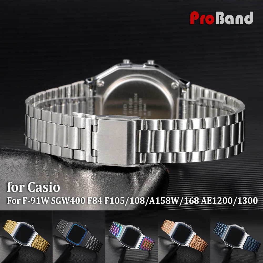 

18mm Ultra-thin Metal Strap for Casio F-91W Watch Band Women Men Stainless Steel Bracelet Blue Gold Color Luxury Wristband &Tool