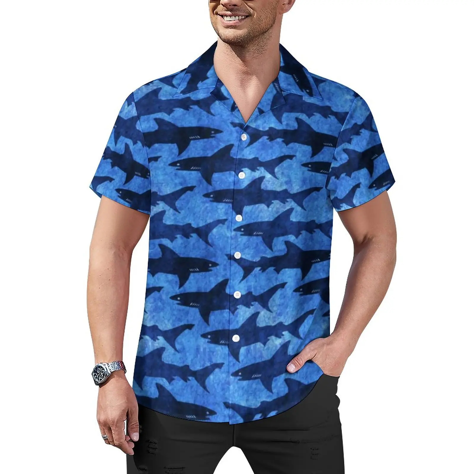 

Funny Shark Casual Shirts Sharks in The Deep Blue Sea Beach Shirt Hawaiian Aesthetic Blouses Men Print Plus Size 4XL