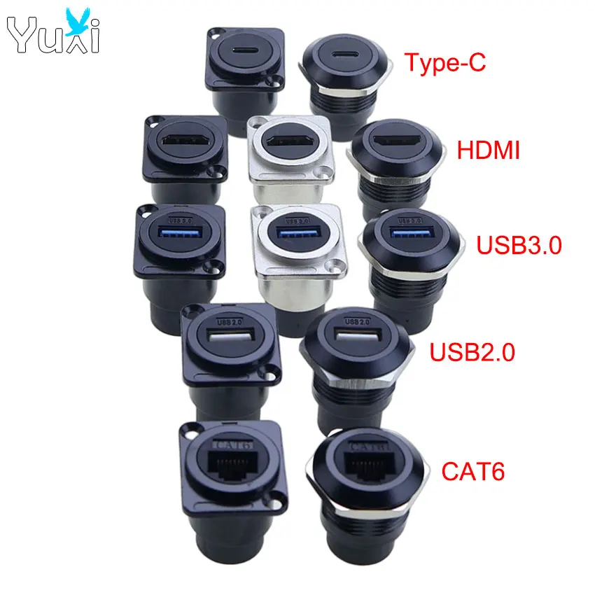 YuXi 1pc Metal D/Round Type Module Type-C CAT6 USB 2.0/3.0 HDMI-Jack Socket Through Network Panel Mounting Electronic Connector