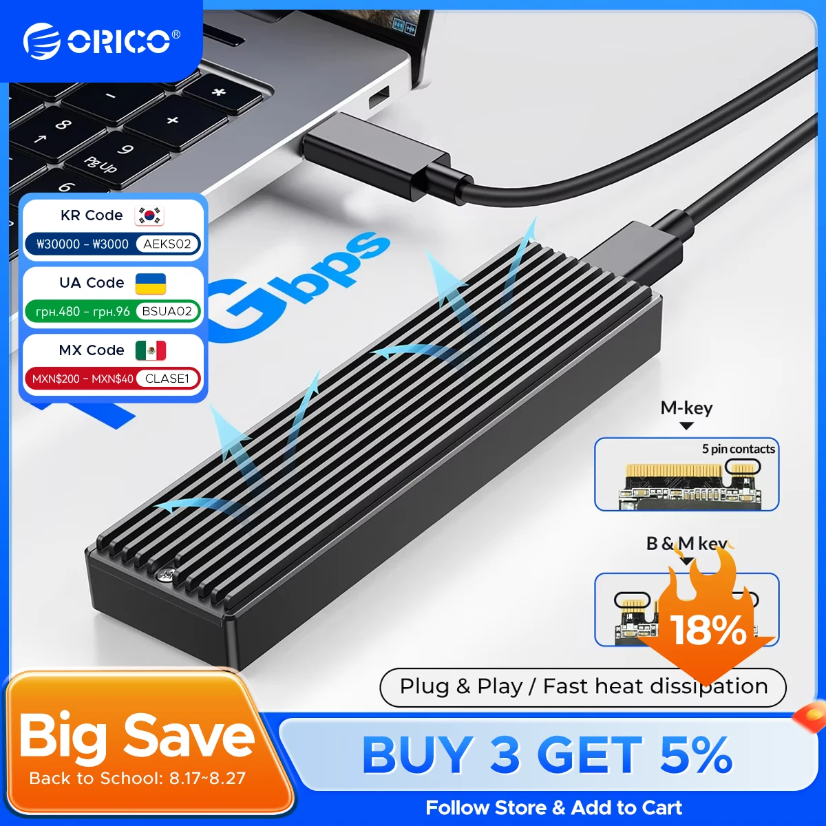ORICO M.2 SSD NVMe Case USB3.2 Gen2 Type C 10Gbps PCIe SSD Case M.2 NVME SATA Enclosure Disk Box Tool Free SSD Aluminum Case