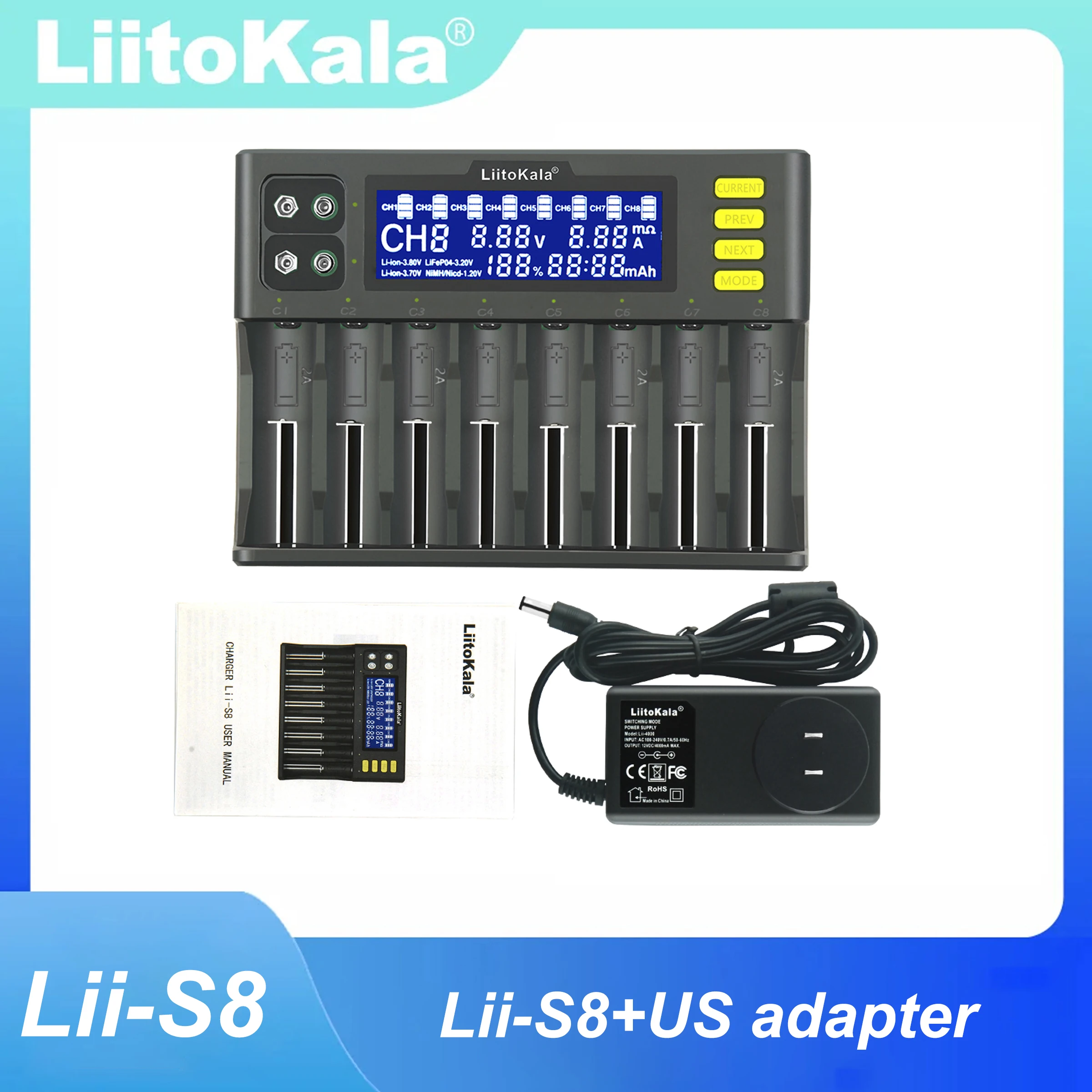 LiitoKala Lii-S8 Universal Battery Charger for 18650 3.7V Li-ion NiMH 1.2V 9V Li-FePO4 3.2V IMR 3.8V 26650 21700 26700 A image 3
