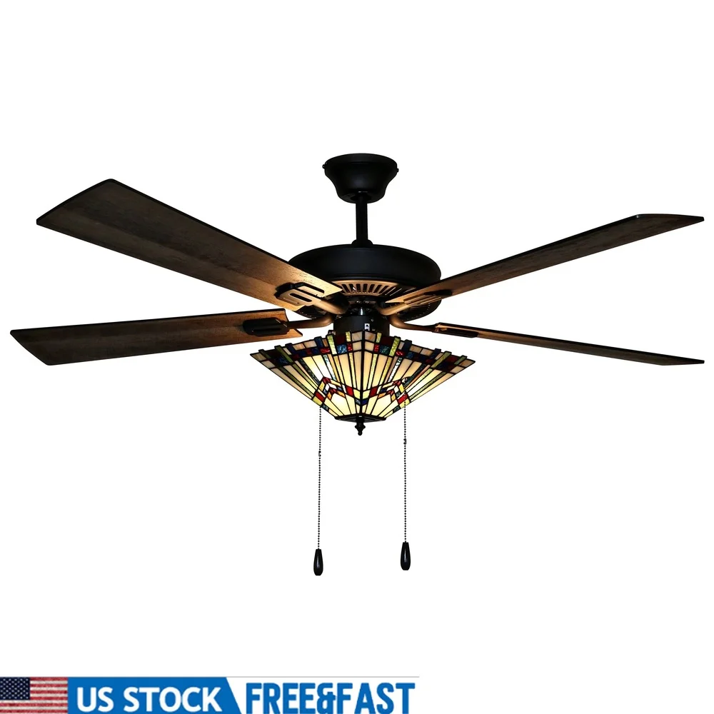 

52 Inch Stained Glass LED Ceiling Fan with Light Reversible Blades Mission Style Dimmable Three Speeds Hardwired Installation