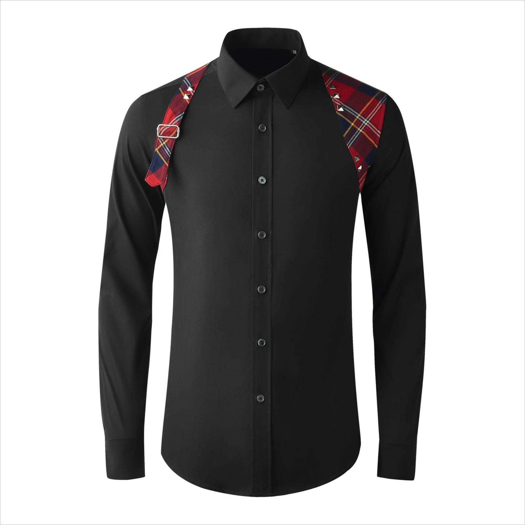 Hot Selling Shoulder Strap Plaid Splicing Men's Long Sleeve Shirt Rivet Decoration Casual Business Shirt Social Party Streetwear