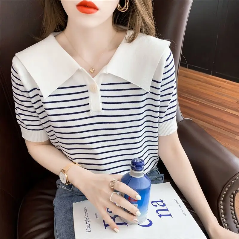 Ice Silk Short Sleeve T-shirt for Women\'s Summer New Striped Polo Neck Thin All-match Youth Tops Sweet Fashion Korean Clothing