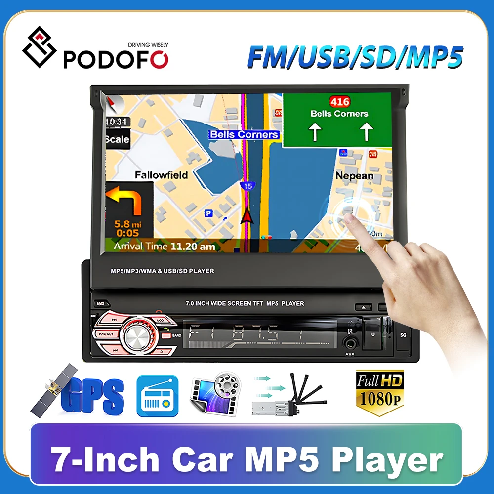 

Podofo 1 din Car Radio Autoradio GPS Navigation Car Stereo 7" HD Touch Digital Screen BT FM USB SD MP5 Support Rear View Camera