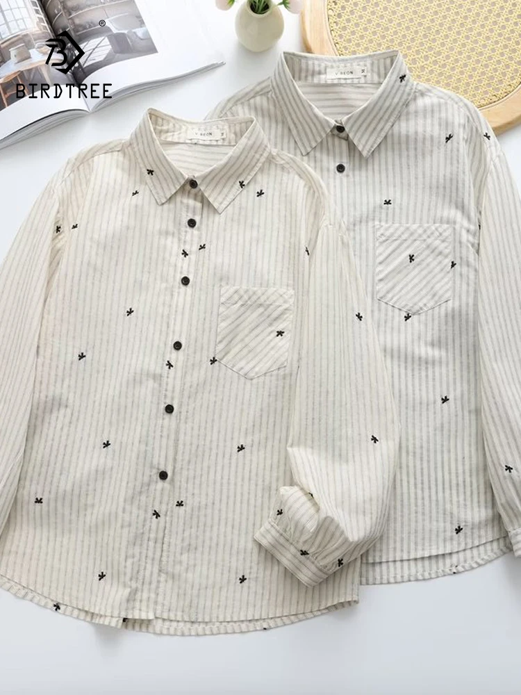 

Новая женская хлопковая рубашка с длинным рукавом Весна 2026, с отложным воротником и вышивкой бантом, в стиле Mori Girl, модная полосатая свободная блузка T63055CC