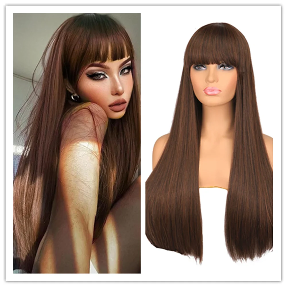 Long Straight  Synthetic Hair Wigs Women Mixed with Bangs Heat Resistant Fiber Hair for Party Cosplay Wig