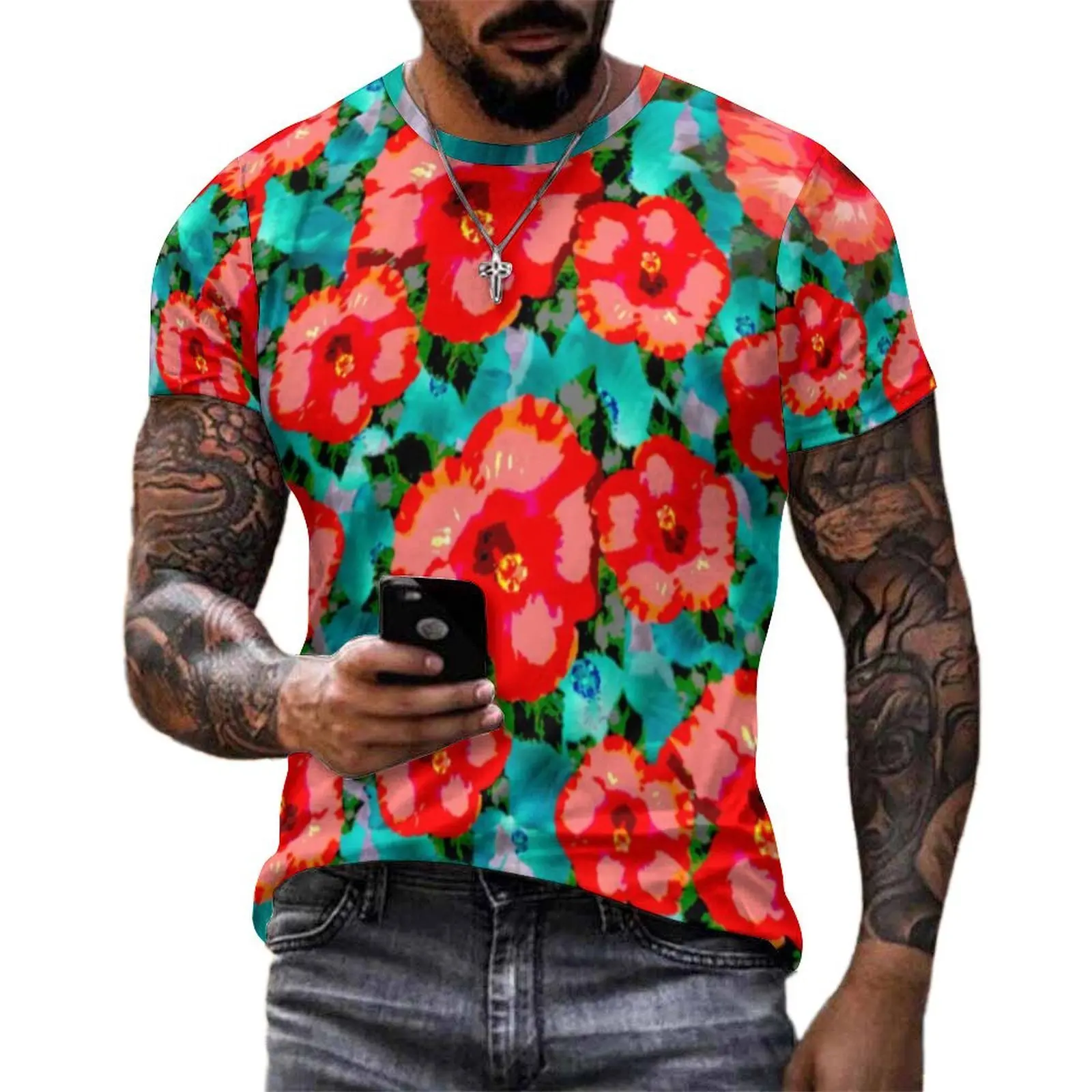 Tropical Floral T Shirt For Men Hibiscus Print Custom O Neck T Shirts Beach Hip Hop Tops Short-Sleeve Casual Oversized Tees Gift