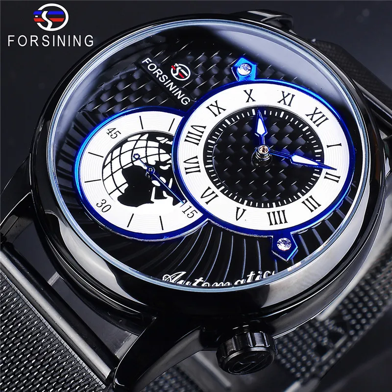 

Forsining Top Brand 2 Eyes Men's Skeleton Automatic Mechanical Watch Fashion Casual Style With Steel Mesh Single Second Drive