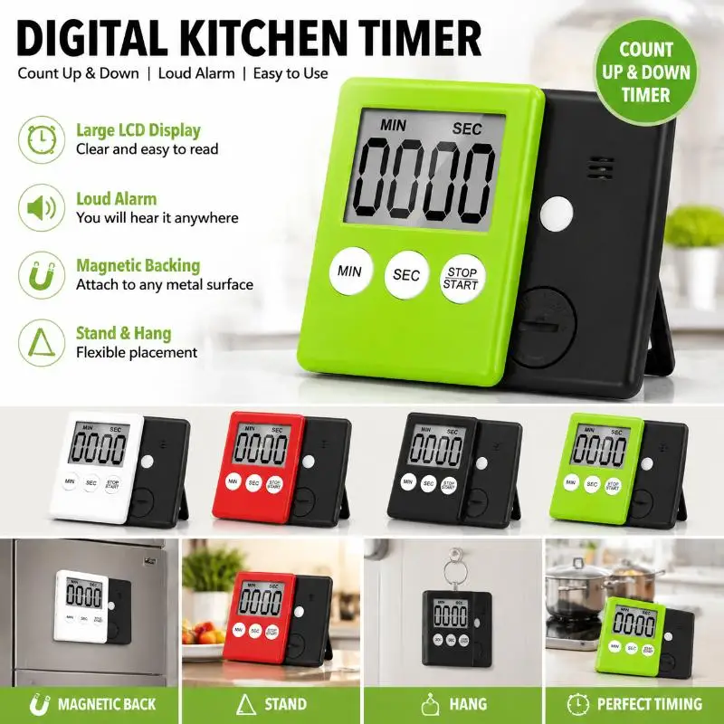 Magnetic Digital Kitchen Timer Multicolor Countdown Alarm Tool For Cooking Baking Students Study Exercise Time Management Desk