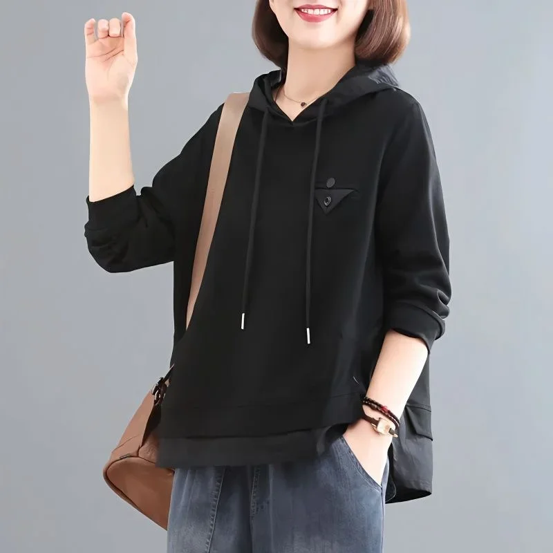 

Pure Cotton Long-sleeved Sweatshirt for Women 2025 New Autumn Korean Loose Splicing Temperament Hooded Pullover Top