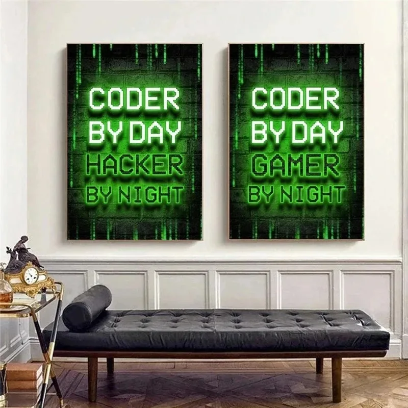 Neon Art Hacker Computer Poster Programmer Gamer Day Night Wall Art Picture Game Canvas Paintings Prints for Home Decoration