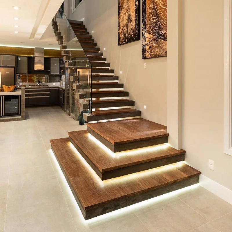 custom.Modern Indoor Steel Floating Stairs Oak Solid Wood Straight Staircase