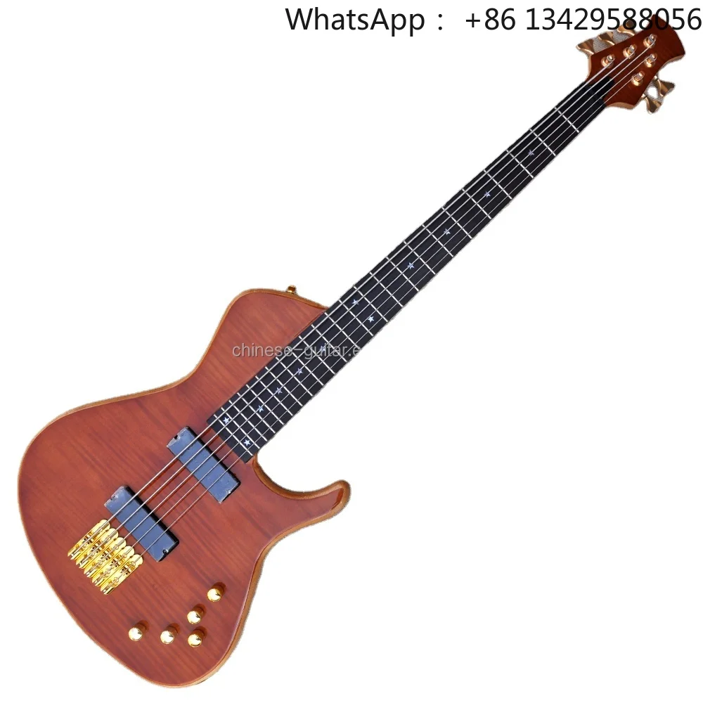 Flyoung Brown 5 Strings Electric Bass Guitar Professional Bass Guitar Rosewood Fretboard Bass Active
