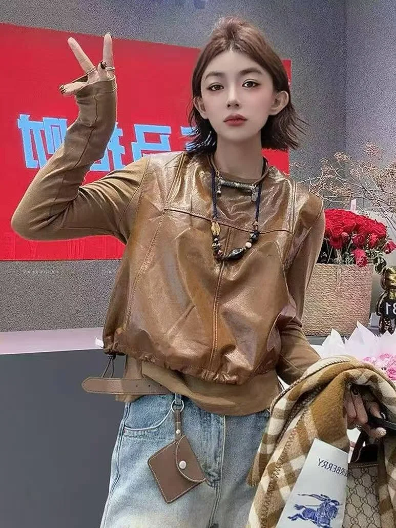 

2025 New Women's Leather Vest ort Svel Slim Fit Faionable Outerwear Cowhide Jaet Commute Sle Youth Friendly