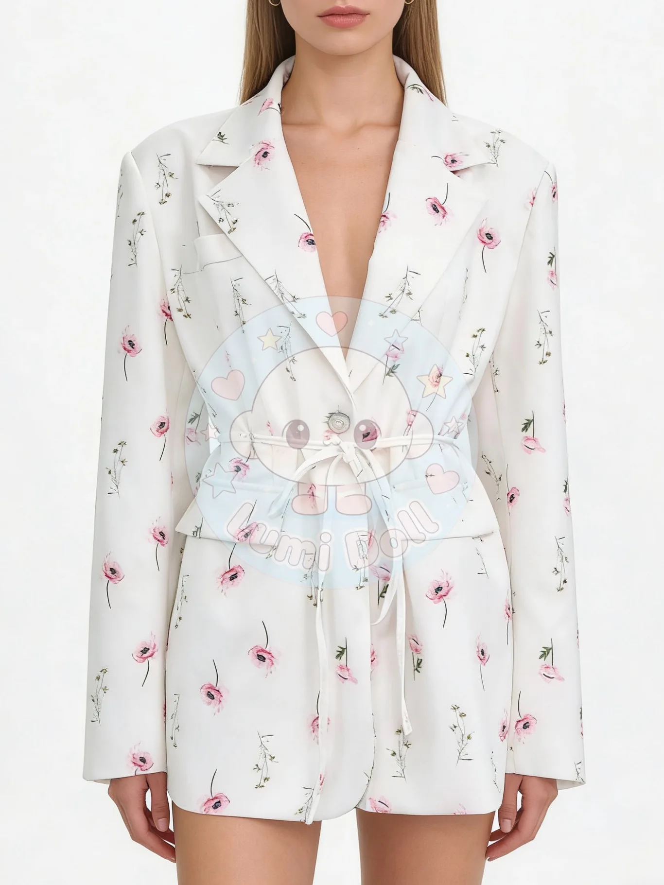 

Broken Flowers Full of Printed Blazer with Lace-up Buttons, Spring New Waist Loose and Versatile V-neck Jacket for Women