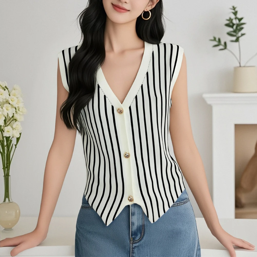 Women\'s Knitted V-Neck Sleeveless Vest Top with Button Front Striped Casual Stretch Fit for Spring Summer Fall
