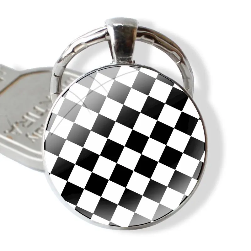 Black white checkered stripe Transparent Lover Fashion Decor Keychain Handmade Glass Cabochon Key Ring Holder Pendant Key Chains