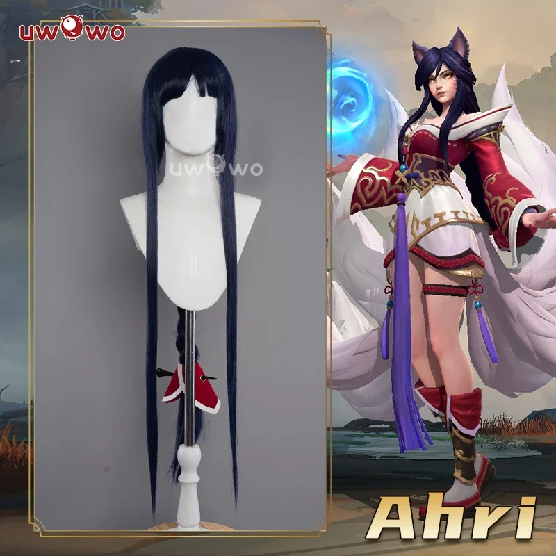 Auf Lager ahri cosplay perücke spiel liga der legenden/lol: ahri perücke champion cosplay perücken ahri haar dunkelblau 100cm lange perücke