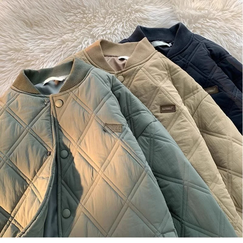 

Extra Large 300 Pou Winter Diamond Pattern Warm Cotton Jaet Men's Baseball Sle Retro American Cotton Coat Trendy