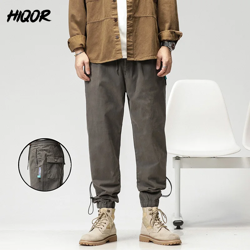 HIQOR 2023 New Autumn Trousers Fashion Straight Casual Men\'s Baggy Overalls Work Pantalones Harem Elastic Waist Pants Grey Khaki