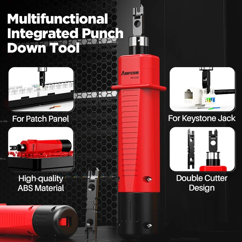 AMPCOM Punch Down Tool, 110 Type Keystone Jack Impact Tool Terminal Insertion Tools with Blade Storage for Ethernet Cable
