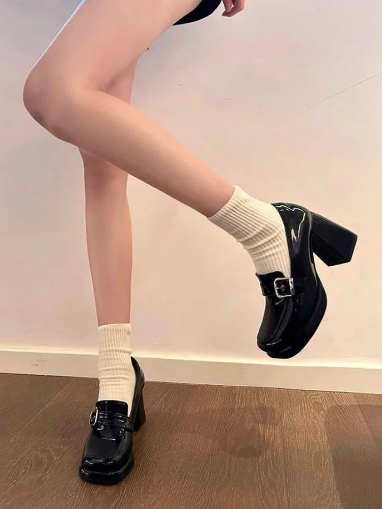 

British Style Women Chunky Heel Square Toe Loafers Patent Leather High Heel Sexy Small Leather Shoes Spring Autumn New Arrival