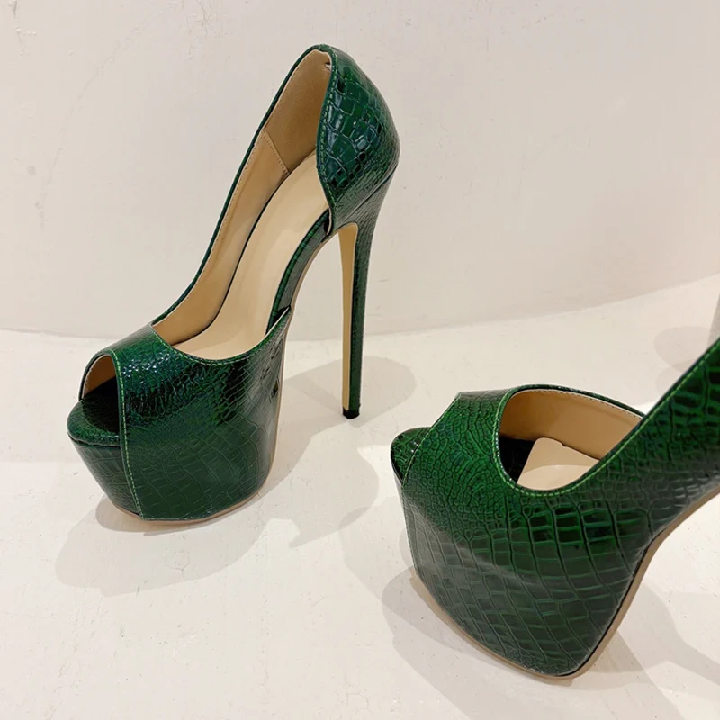 Liyke 2024 New Green Snake Print Leather Platform Pumps Women Sexy Slingback Peep Toe Extreme High Heels Strip Pole Dance Shoes