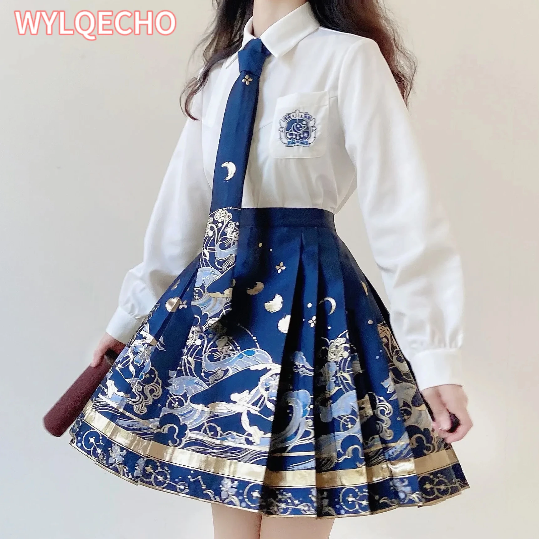 

Chinese Style Improved Hanfu Exquisite Landscape Printed Mini Skirt for Women High Waist Slim A-line Pleated Horse Face Skirt