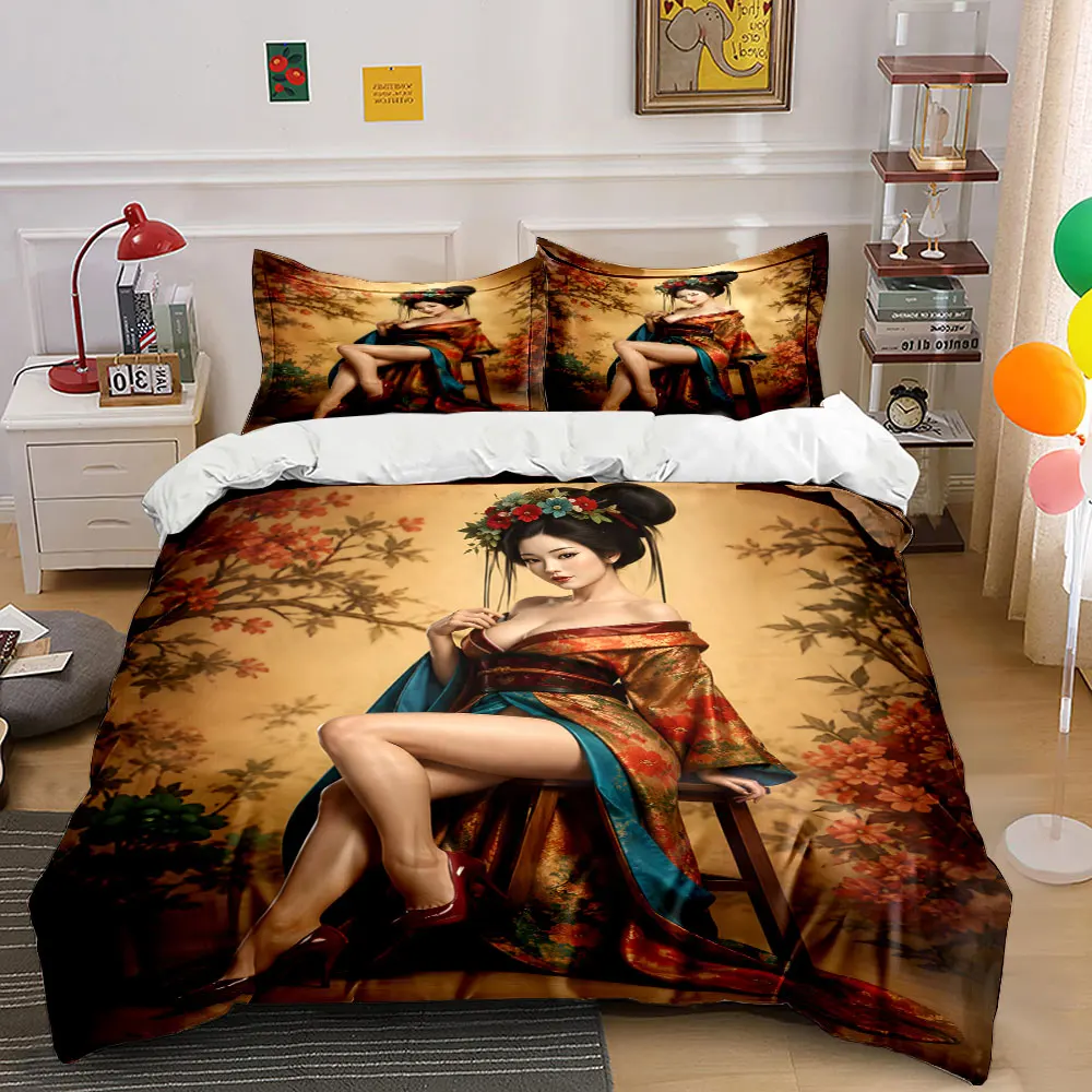 Elegant woman in ornate kimono sitting Print Bedding Set 1 Duvet Cover 2 Pillowcases for Adult and Children Luxury Gift