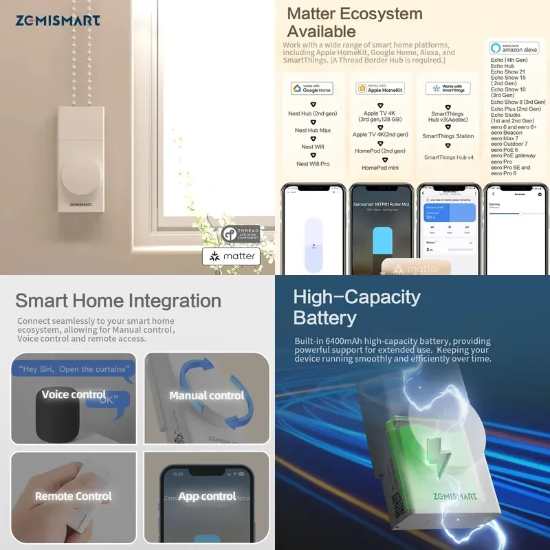 For Zemismart Matter Thread Smart Roller Shade Driver Built-in Battery Knob Control Compatible with HomeKit Alexa Google Home