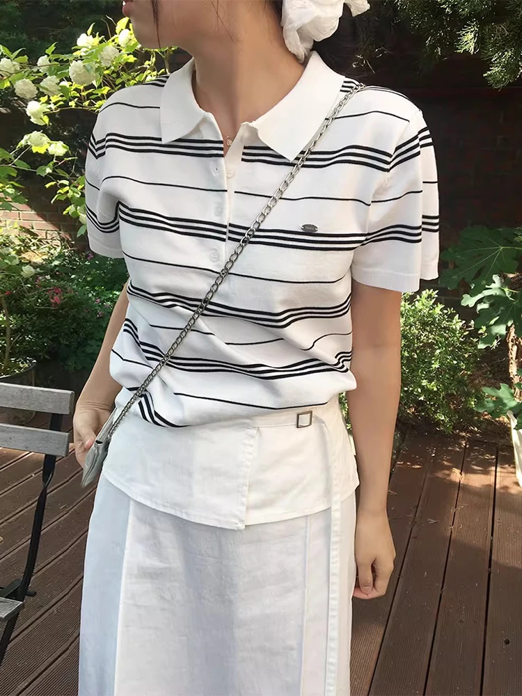 

Liangliang Retro Anti-Aging Ne Color Blo Striped Knitwear Women's Summer New Korean Sle Versatile ort Sve Top