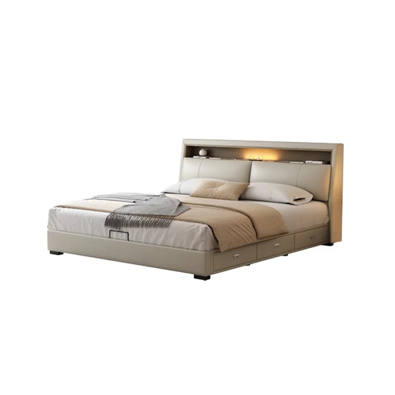 Simple leather bed Small apartment Italian light luxury master bedroom large bed 1.8m storage double leather bed