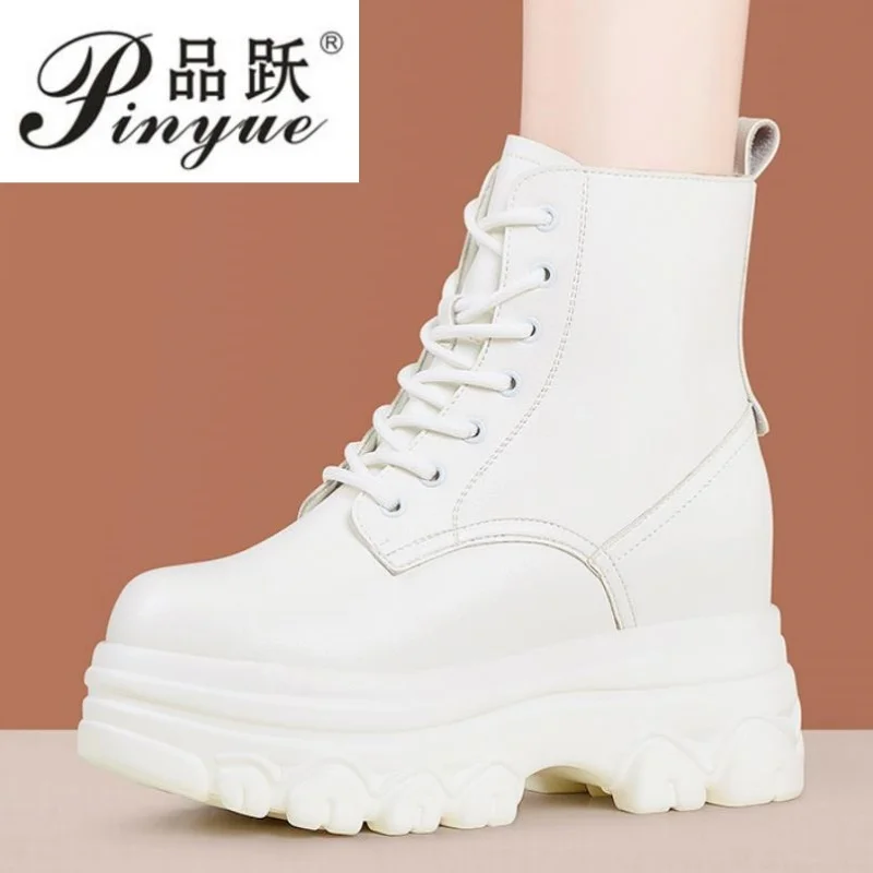 

6.5CM Autumn Winter Genuine Leather Women Ankle Boots Thick Sole Winter Ankle Boots Non-Slip Shoes Leather Sneakers 35-40